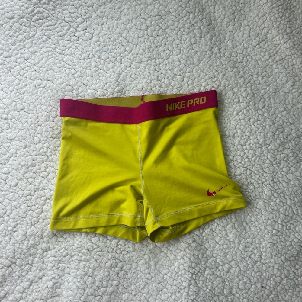 Nike Pro Dri-FIT Yellow Shorts with Pink Trim
